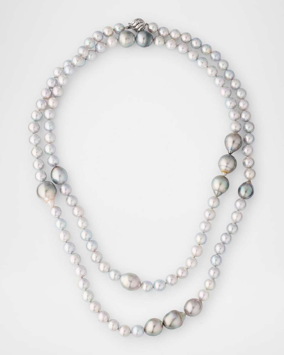 18k White Gold Long Silver, Blue & Gray Pearl Necklace, 40"L